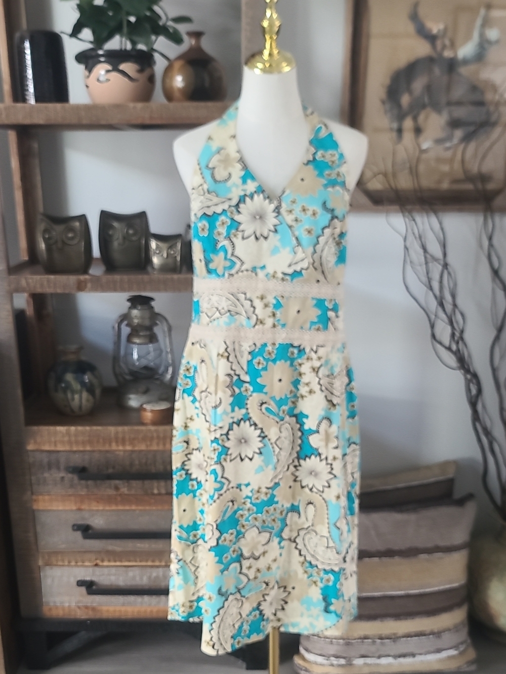 Dorby Floral Halter Sundress in Turquoise and Cream
